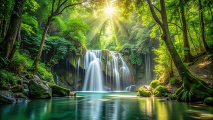 waterfall in dense green forest surrounded by lush vegetation and towering trees, with sunlight filtering through the canopy above, serene, water features