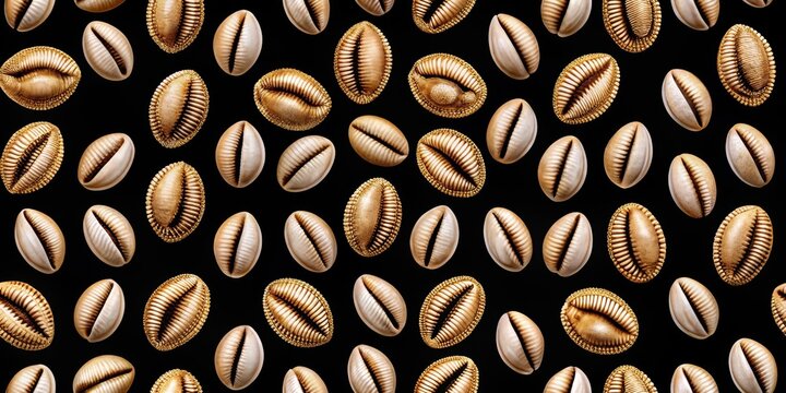 Intricate Cowrie Shell Seamless Pattern On Black Background , oceanic themes