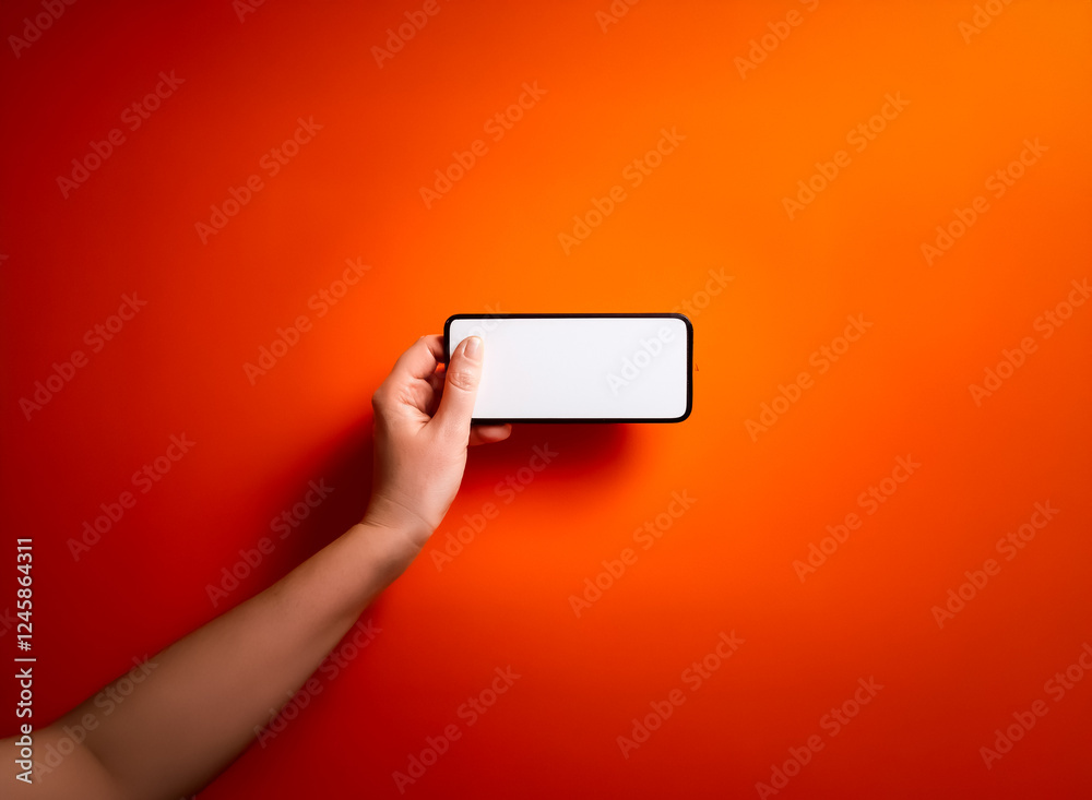Fototapete hand holding a smartphone with a white screen is presented against a bright orange background in a t