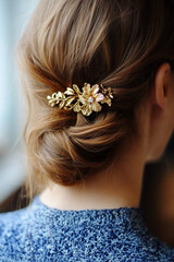 Woman with beautiful gold hair clip, closeup