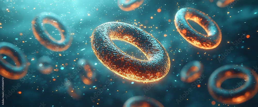 Poster Glowing rings float in teal space; science background