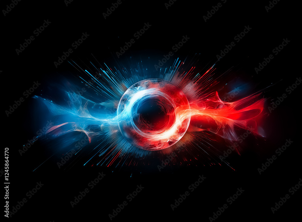 Fototapete Vibrant energy streams in blue and red emanate from a central circular form against a stark black background, creating a dynamic and explosive abstract design.