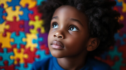 Photo of beautiful  black child looking serene and curious, multicoloured jigsaw pieces in the background. Autism awareness, ASD, landscape format 16:9 with copy space
