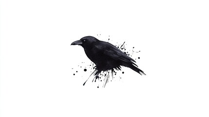 Black crow illustration with ink splatter effect, showcasing its sleek form and artistic flair