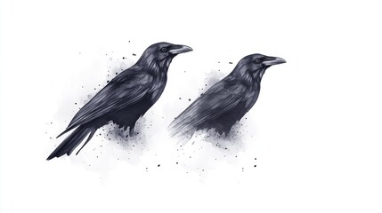 Two stylized ravens in profile view with artistic splashes, ideal for nature-themed designs