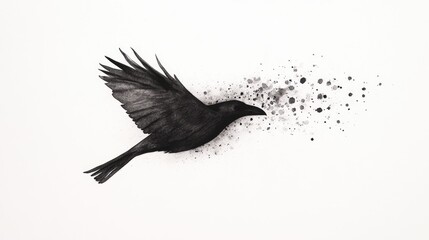 A black bird in mid-flight, creating a splash of ink-like splatters against a white background