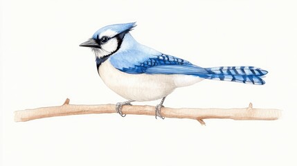 A detailed illustration of a blue jay perched on a branch with a soft background