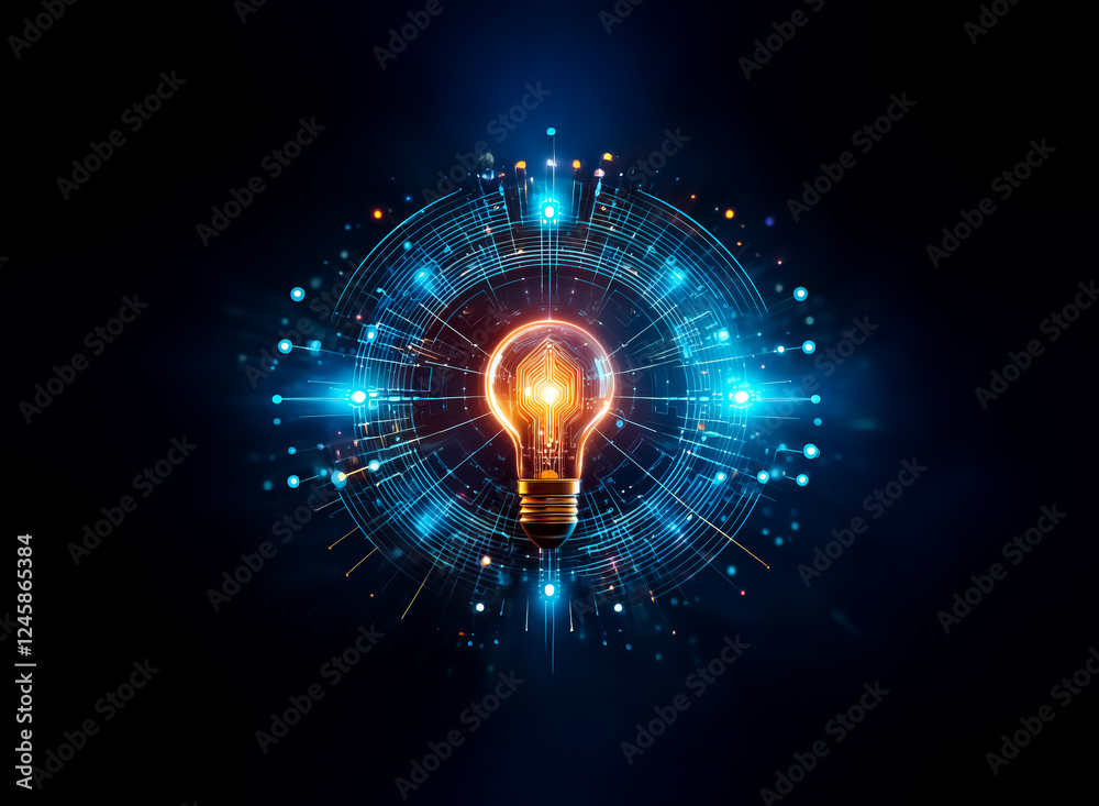 Poster a glowing light bulb surrounded by digital, circular elements on a dark background. it evokes concep