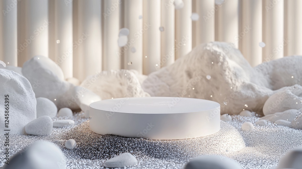 Aufkleber a podium surrounded by sparkling pebbles and rocks, creating a sophisticated and elegant showcase fo