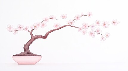 A beautifully crafted bonsai tree with delicate pink blossoms in a minimalist setting
