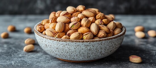 Bowl of raw pistachios in their shells on a textured gray surface showcasing natural snack food appeal and healthy eating options.