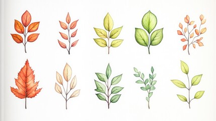 A collection of hand-painted leaves showcasing various colors and shapes, ideal for nature-themed designs