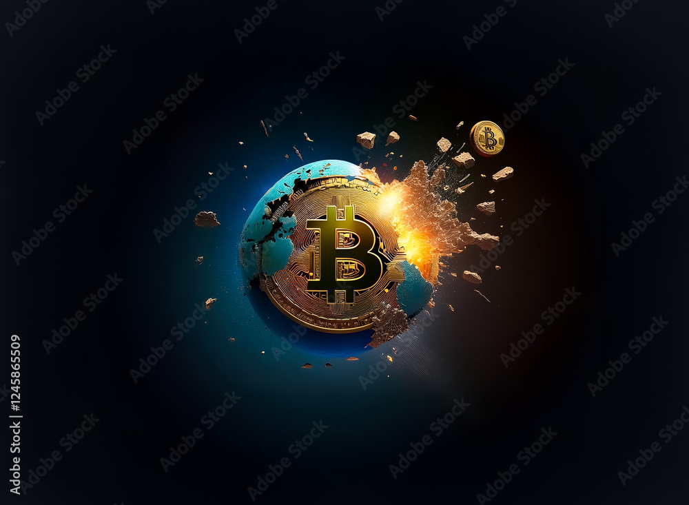 Aufkleber Digital globe with Bitcoin symbol is breaking apart with bright light and fragments against a dark backdrop, representing volatility.