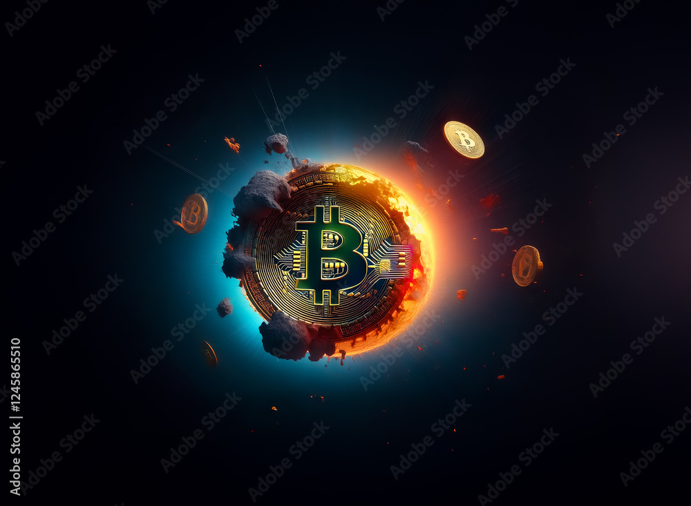 Poster Bitcoin symbol on a planet in dark space with orbiting gold coins.  A glowing sphere representing digital finance and crypto currency concept.