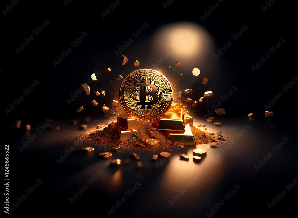 Poster a shiny gold bitcoin coin surrounded by gold bars and dust is illuminated against a dark background,
