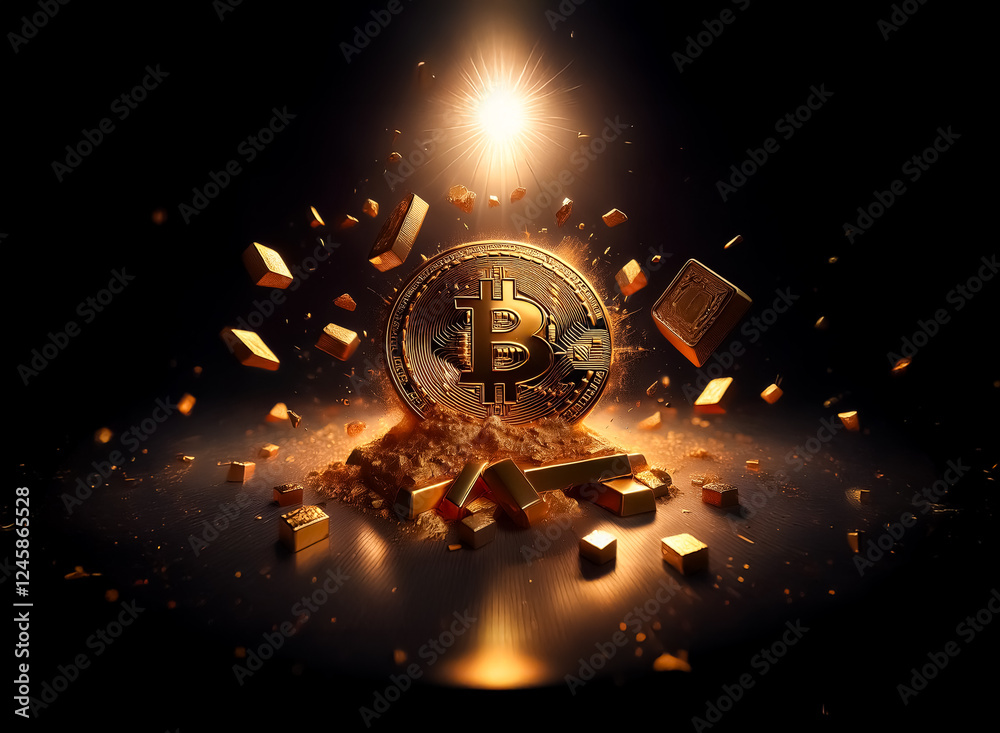 Aufkleber Golden bitcoin coin surrounded by gold bars and dust particles in a dark setting with a bright spotlight effect. Wealth and digital currency concept.