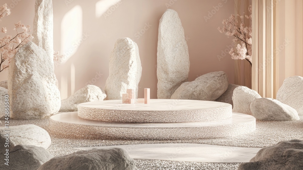 Poster A podium surrounded by sparkling pebbles and rocks, creating a sophisticated and elegant showcase for cosmetic products, with a touch of glamour.