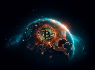Futuristic globe with bitcoin symbol overlay, glowing digital network and connections.  Global cryptocurrency concept with a tech, modern, and digital feel.