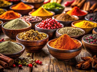 Fototapeta premium Gourmet macro shots of colorful spice bowls on a wooden surface.