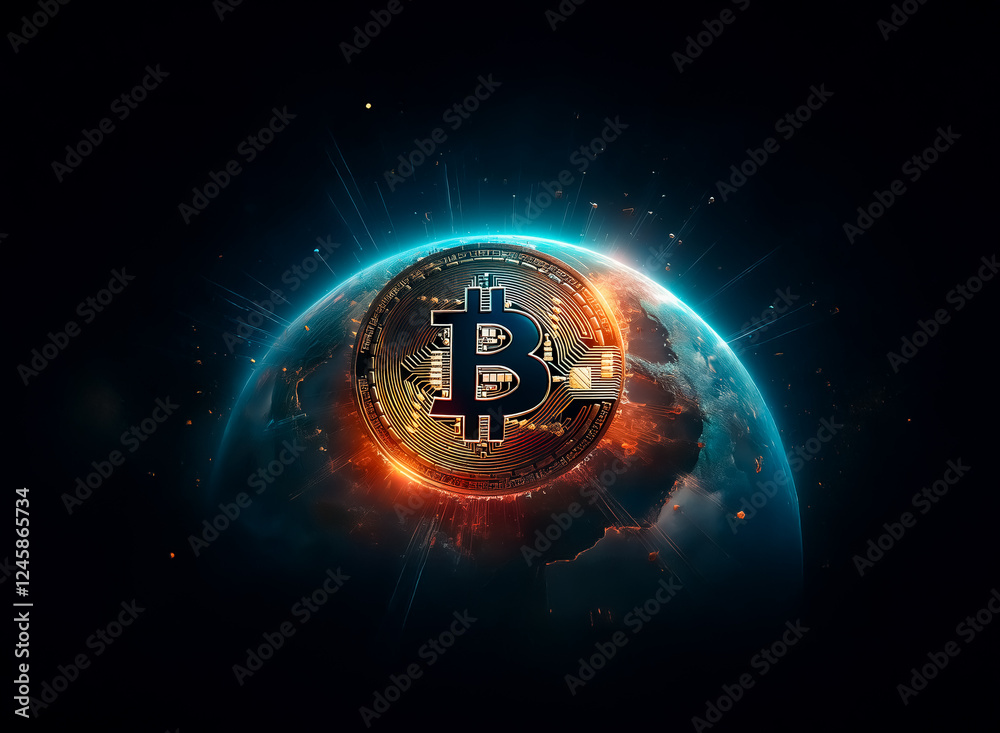 Poster bitcoin symbol overlaying a digital globe against a dark space background. it represents modern, fut