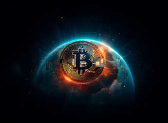 Bitcoin symbol overlaying a digital globe against a dark space background. It represents modern, futuristic, and global digital currency technology.