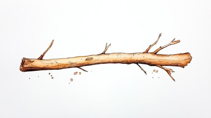 A rustic wooden stick lying on a white background, showcasing its natural texture and details