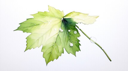 Detailed watercolor illustration of a green leaf with droplets, showcasing nature's beauty