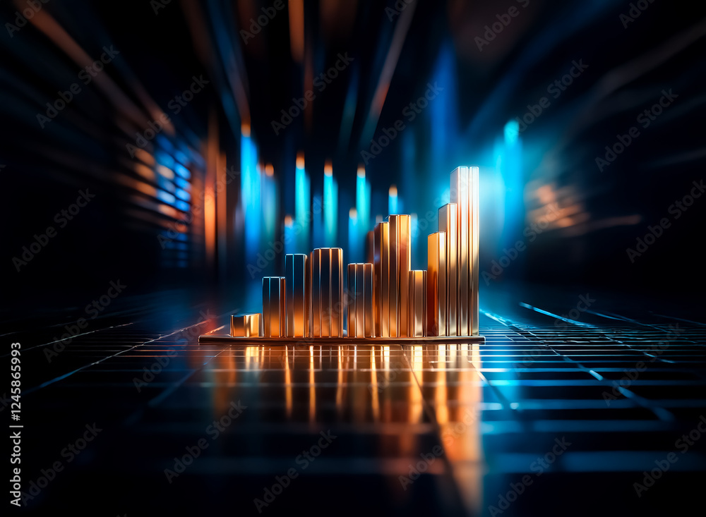 Fototapete abstract golden bar chart on a dark grid surface with dynamic blue and orange light trails. futurist