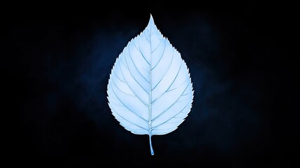 A delicate blue leaf illuminated against a dark smoky background, symbolizing tranquility and nature