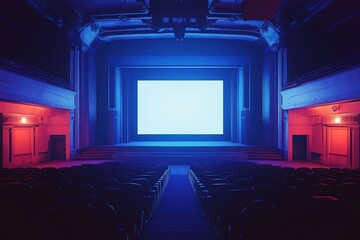 Naklejka premium Empty Movie Theater: Blue Light, Rows of Seats, Cinematic Silence. Awaiting the Show, a Stage Set for Dreams, Lost in the Shadows, Velvet Darkness, An Empty Canvas of Film, The Quiet Before the Storm,