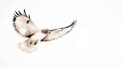Majestic hawk soaring gracefully against a minimalist white background, showcasing its wingspan