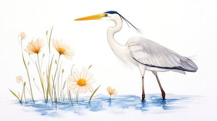 Elegant heron standing gracefully in serene waters surrounded by blooming flowers, showcasing nature's beauty