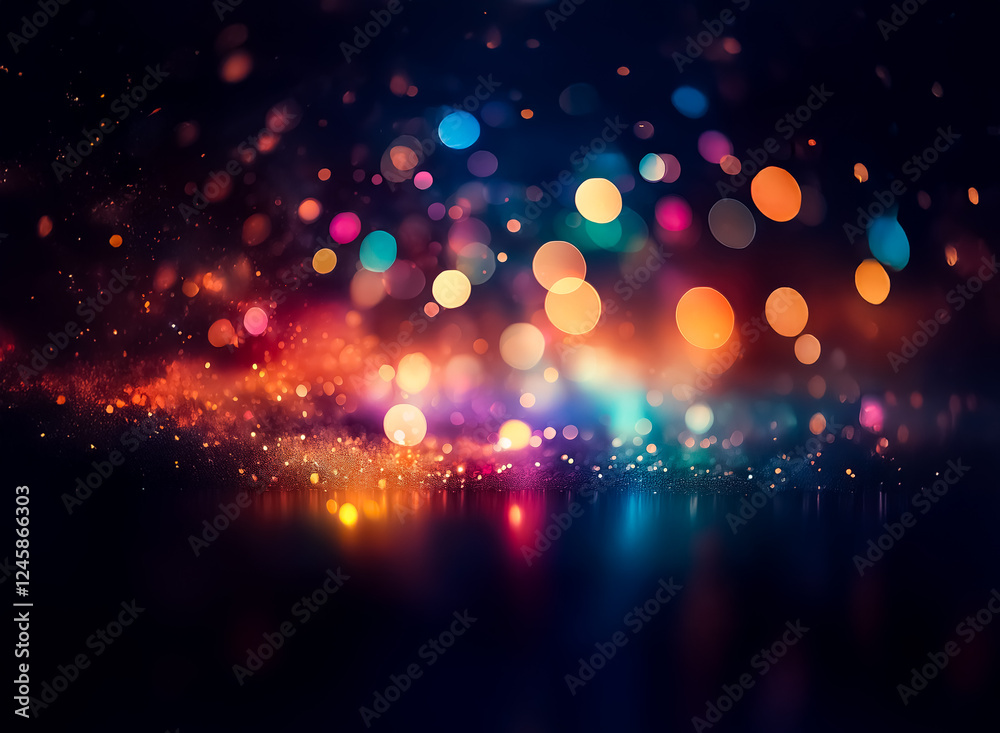 Poster blurred lights in vibrant hues create a magical bokeh effect against a dark canvas. colorful spots g