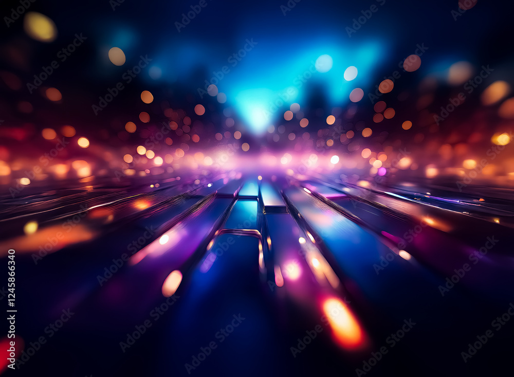 Poster abstract perspective view with bokeh lights. shiny reflective surface with blue, orange, and purple 