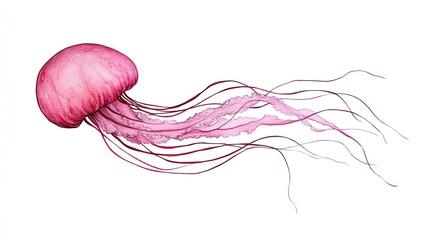 Vibrant pink jellyfish gracefully swimming through clear waters with delicate tentacles trailing