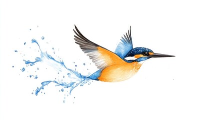 Vibrant kingfisher in mid-flight splashing water, showcasing nature's beauty and agility
