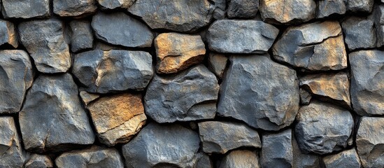 Fototapeta premium Textured gray stone wall featuring irregular shapes and natural hues for architectural and design backgrounds.