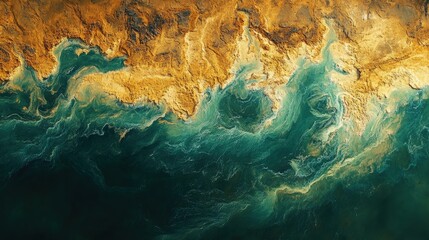 Abstract aerial view of ocean waves meeting sandy shores, showcasing vibrant colors and textures