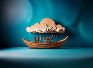 A wooden boat carries a group of figures under a stylized cloud, all crafted from wood against a vibrant blue background.  The scene has a minimalist and conceptual feel, highlighting texture and form