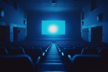 Fototapeta premium Dark and Silent: An Empty Movie Theater Awaits its Audience. Rows of plush seats stretch into the shadows, the large screen a blank canvas of potential. A cinematic atmosphere of anticipation hangs 