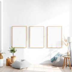 three frames wall art mockup in light airy clean modern interior
