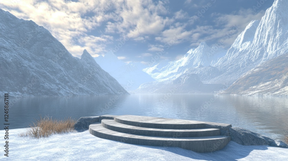 Poster a pristine lake with shimmering waters and snow-covered mountains, providing a stunning natural back