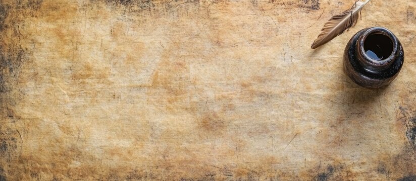 Vintage inkwell and quill pen on aged paper with parchment in background creating artistic atmosphere ideal for text overlay and elegant designs