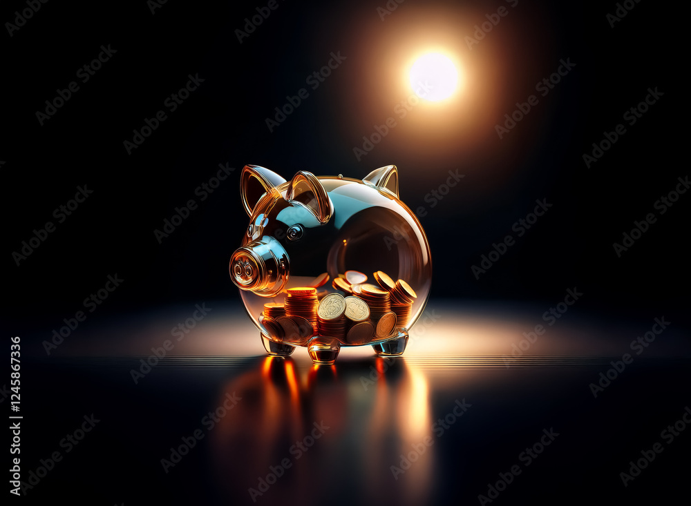 Poster a clear piggy bank filled with golden coins is illuminated by a spotlight in a dark setting, represe