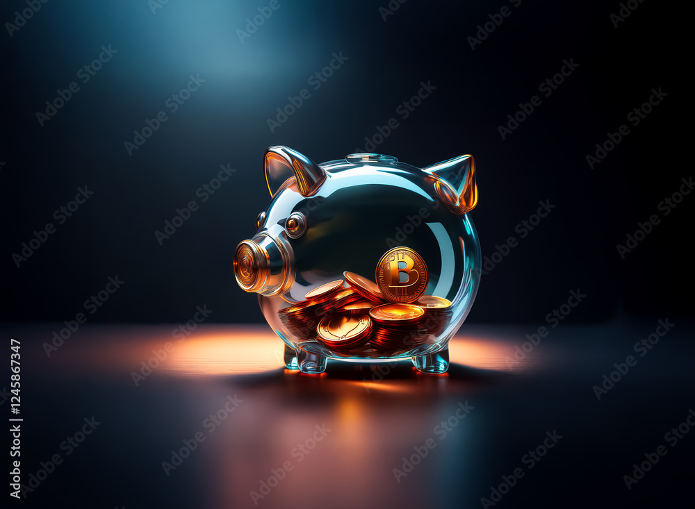 Poster a clear piggy bank filled with shiny coins is brightly lit against a dark backdrop, creating a sense