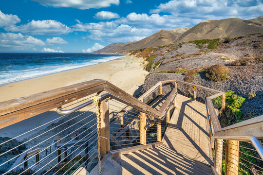 A beautiful view of the stairs that lead to Malpaso Creek Beach on the Pacific coast of California along State Road 1