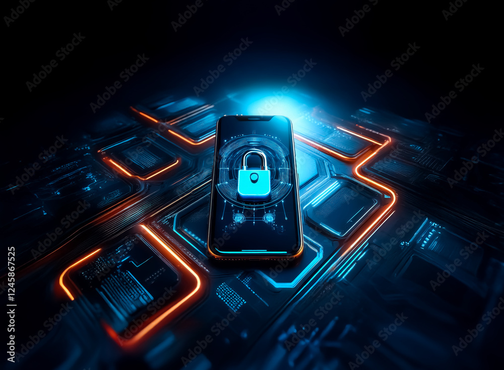 Leinwandbilder a smartphone displays a glowing padlock icon on its screen, symbolizing digital security. neon blue 