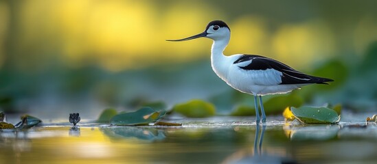 Obraz premium Avocet bird standing in serene water habitat surrounded by lily pads and soft golden background illuminated by natural light.