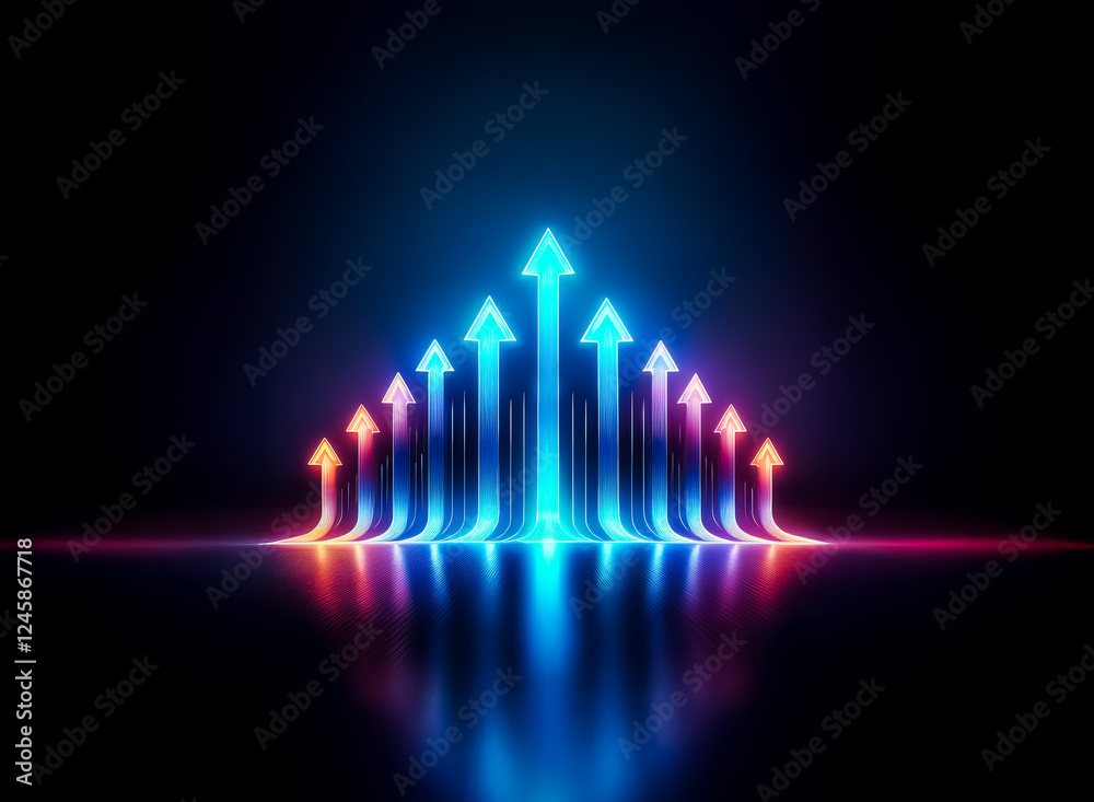 Poster neon arrows in a pyramid formation point upward with vibrant blue and orange hues. the arrows reflec