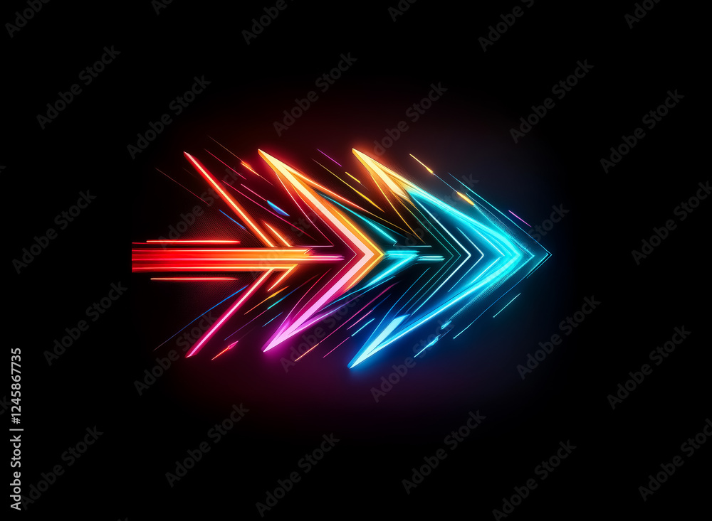 Poster a vibrant neon arrow streaks across a stark black backdrop, radiating with dynamic energy. its color